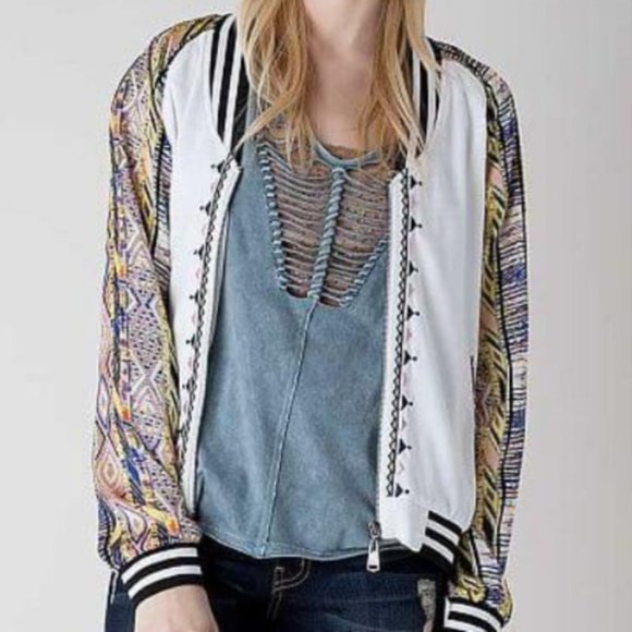 GIMMICKS by BKE| Mix Media Multicolor Embroidered Bomber Jacket Size Medium - Picture 1 of 11